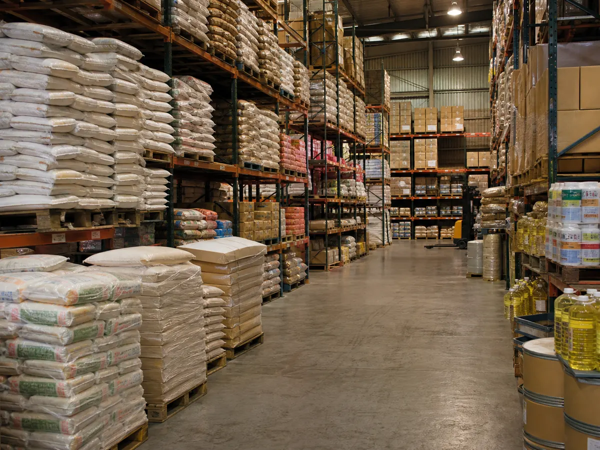 Organised warehouse aisle with stacked grocery pallets